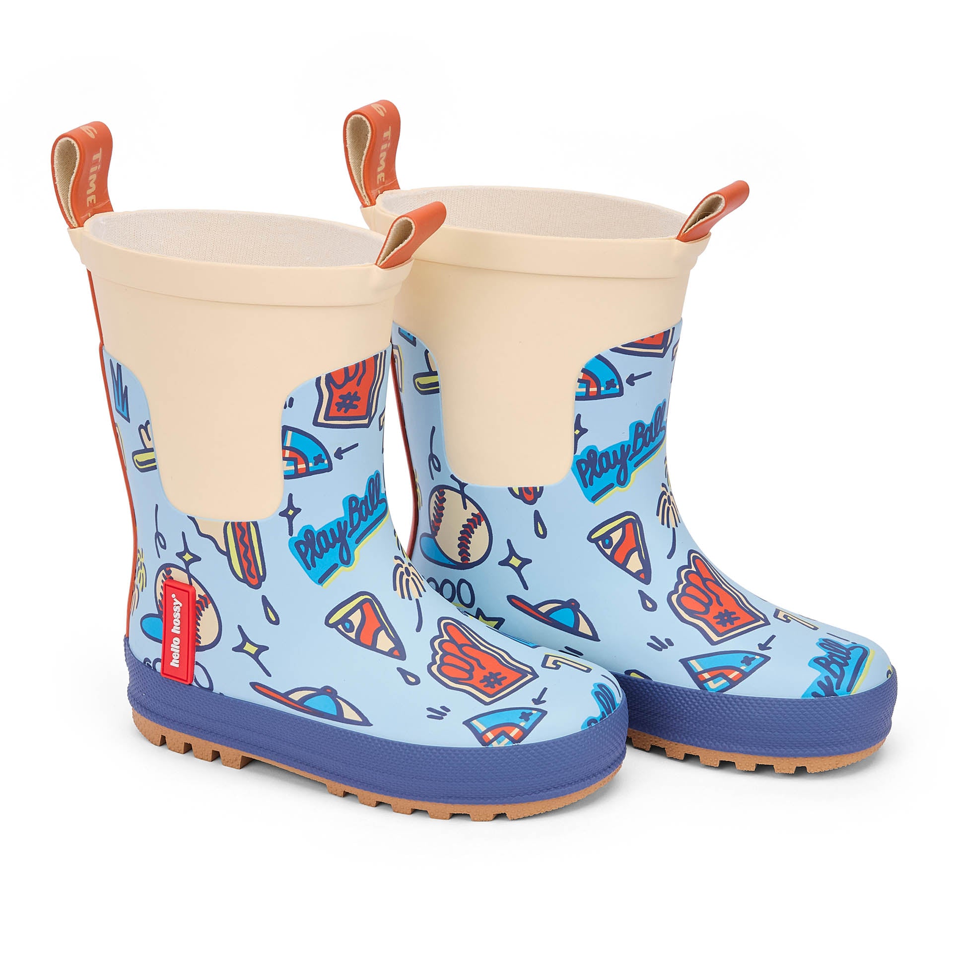 Children's rain boots blue Sport baseball pizza patterns Hello Hossy