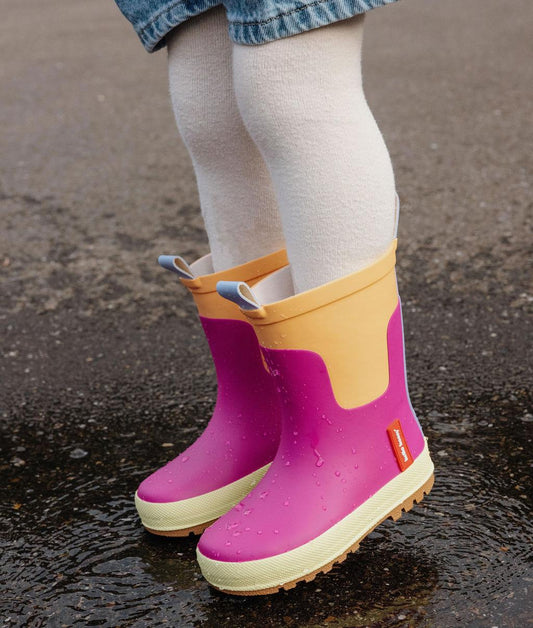 Children's purple and Orange rain boots with cream sole Hello Hossy