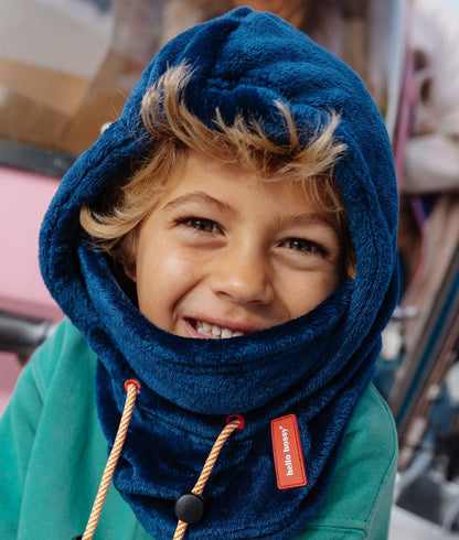 Children's blue fleece balaclava with adjustable ties and label Hello Hossy