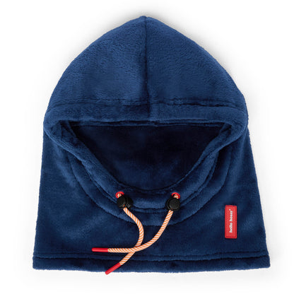 Children's blue fleece balaclava with adjustable ties and label Hello Hossy