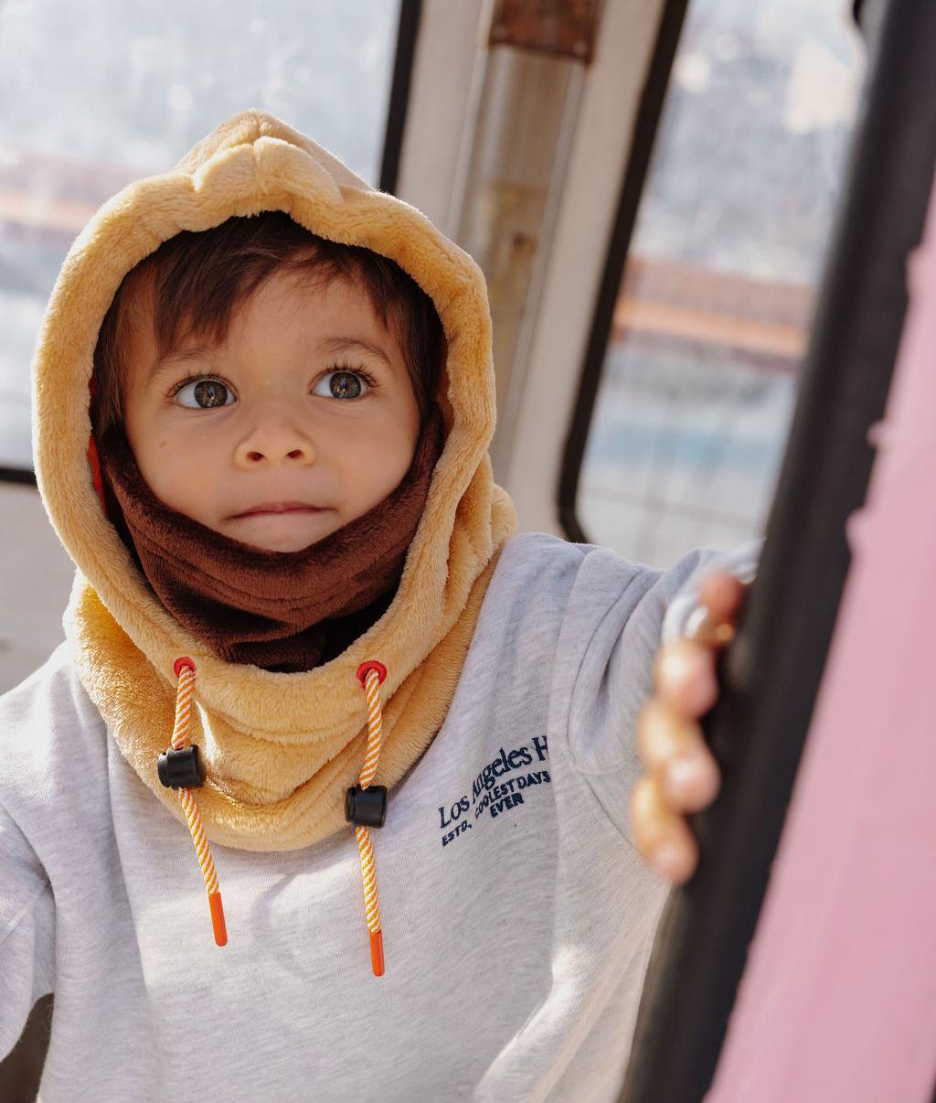 Two-toned Beige brown children's fleece balaclava with adjustable ties Hello Hossy