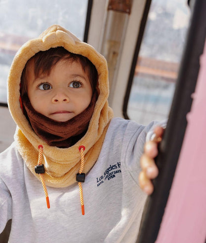 Two-toned Beige brown children's fleece balaclava with adjustable ties Hello Hossy