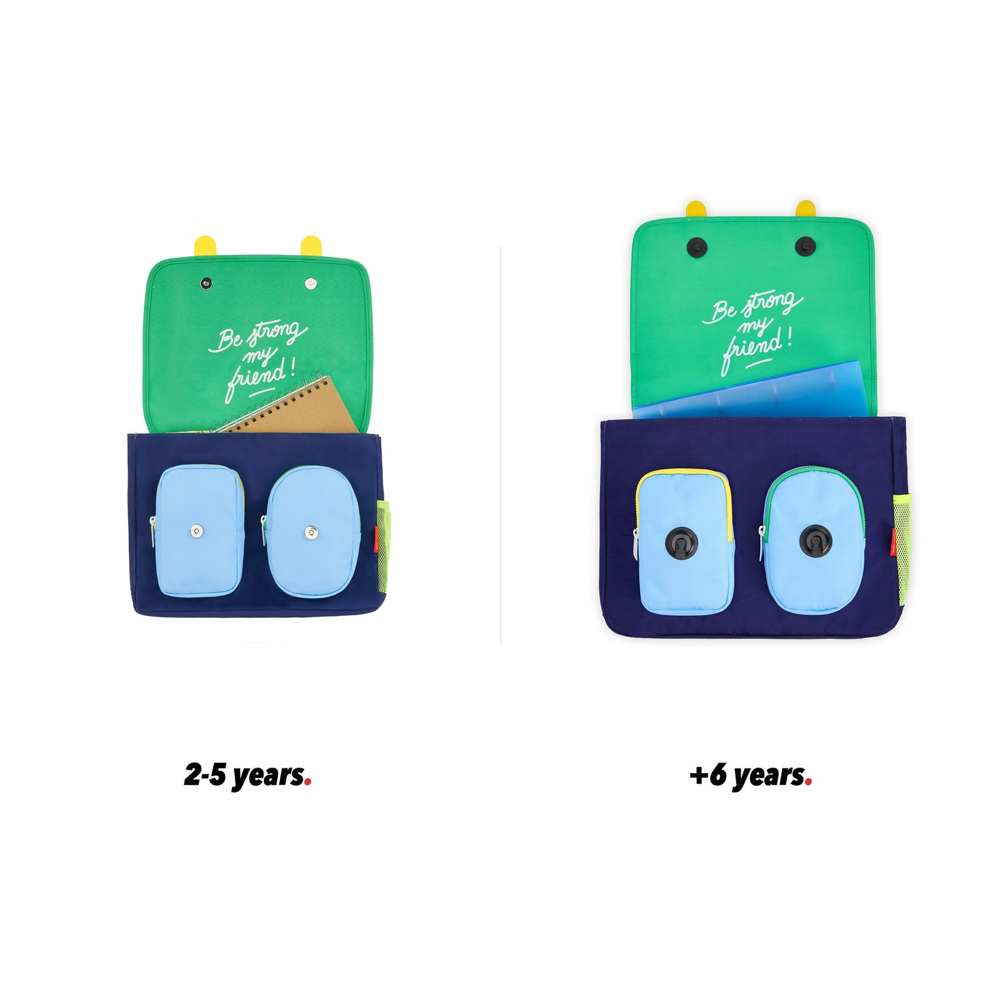 Blue schoolbag for kids Sport pattern orange balls front view open size comparison 2 sizes Hello hossy