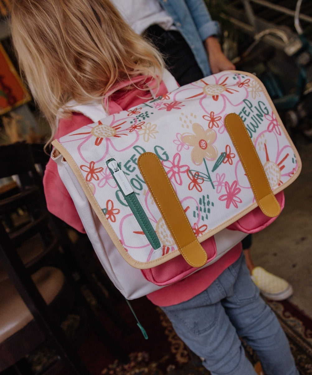 White pink flower-print kids' schoolbag with yellow details Hello Hossy