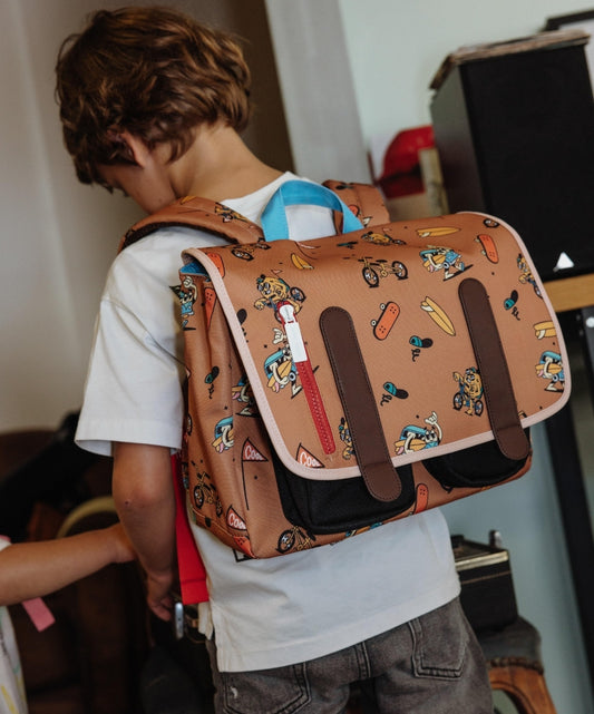 Brown kids' schoolbag with mascots and bikes patterns, brown straps Hello Hossy