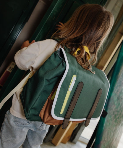 Green kids' schoolbag with brown pockets and white stripes Hello Hossy