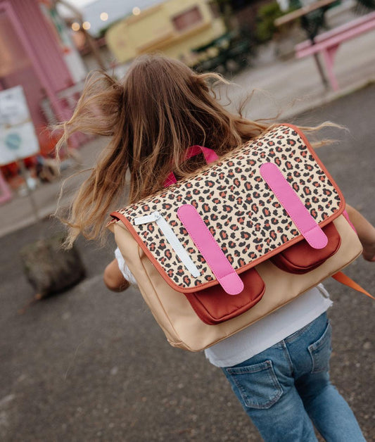 Cream leopard print children's schoolbag with pink straps Hello Hossy