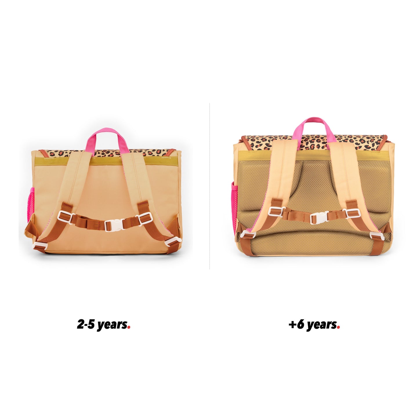 Cream children's schoolbag with léopard pockets back view size comparison Hello Hossy