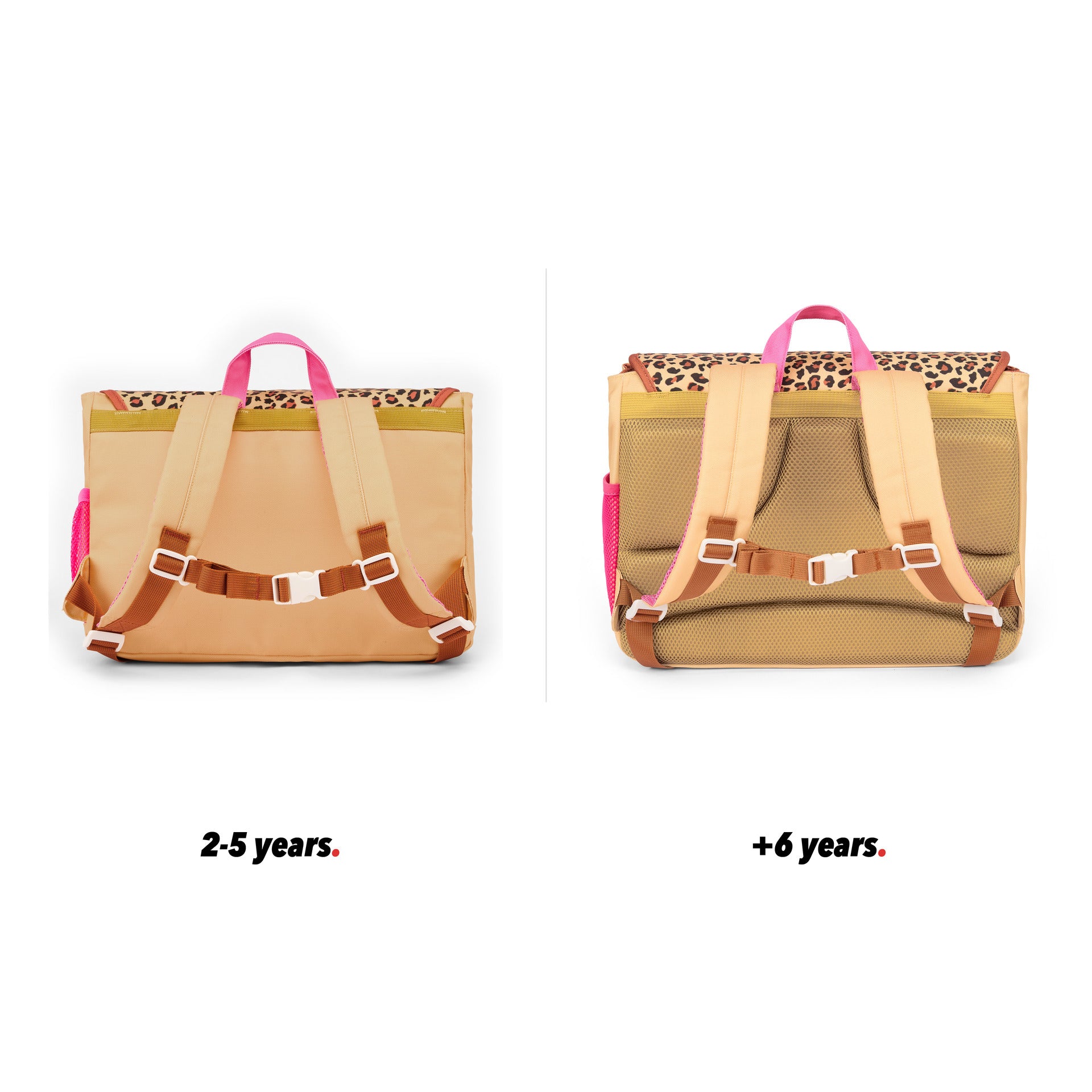 Cream children's schoolbag with léopard pockets back view size comparison Hello Hossy