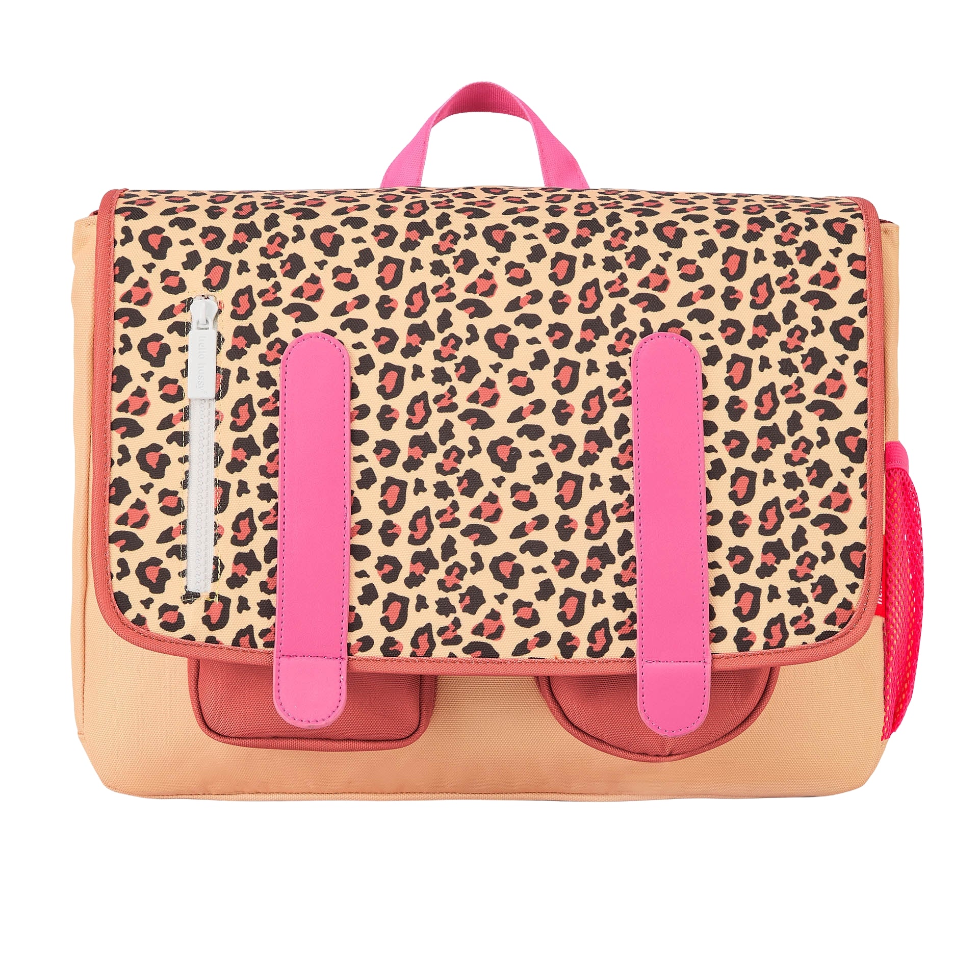 Cartable enfant crème marron imprimé léopard détails roses Hello Hossy