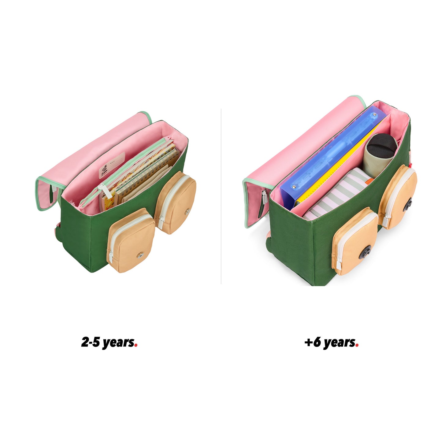 Pink green schoolbag for kids beige details pockets open view size comparison 2 sizes Hello hossy