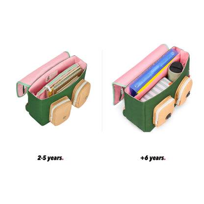 Pink green schoolbag for kids beige details pockets open view size comparison 2 sizes Hello hossy