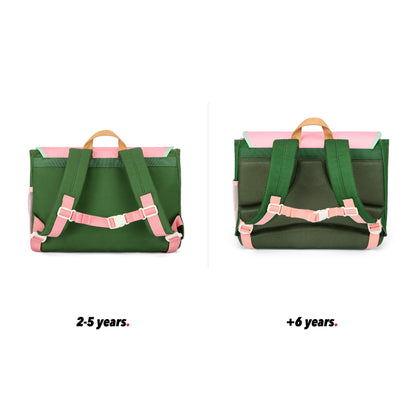 Pink green schoolbag for kids beige details pockets back view size comparison 2 sizes Hello hossy