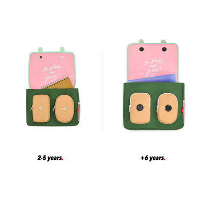Pink green schoolbag for kids beige details pockets front view open size comparison 2 sizes Hello hossy