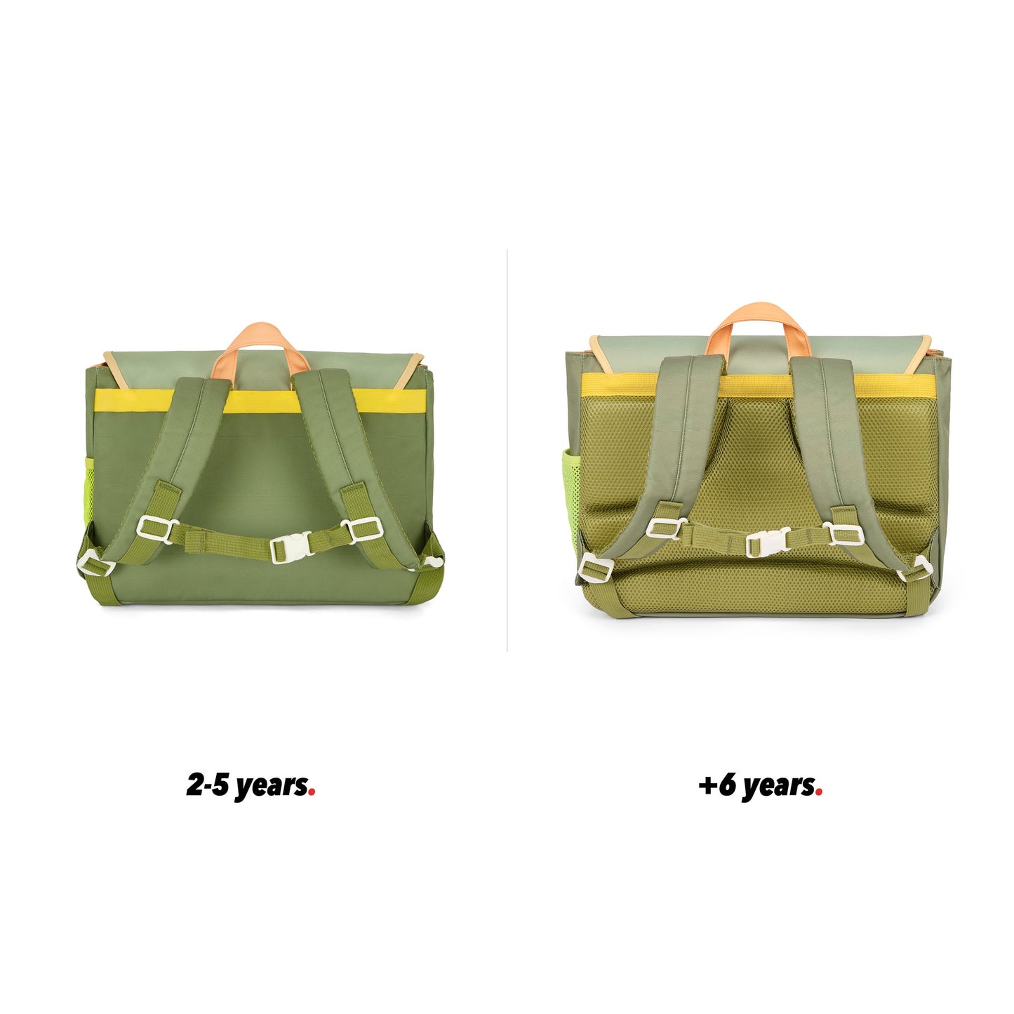 Green schoolbag for kids brown handles pocket back view size comparison 2 sizes Hello hossy