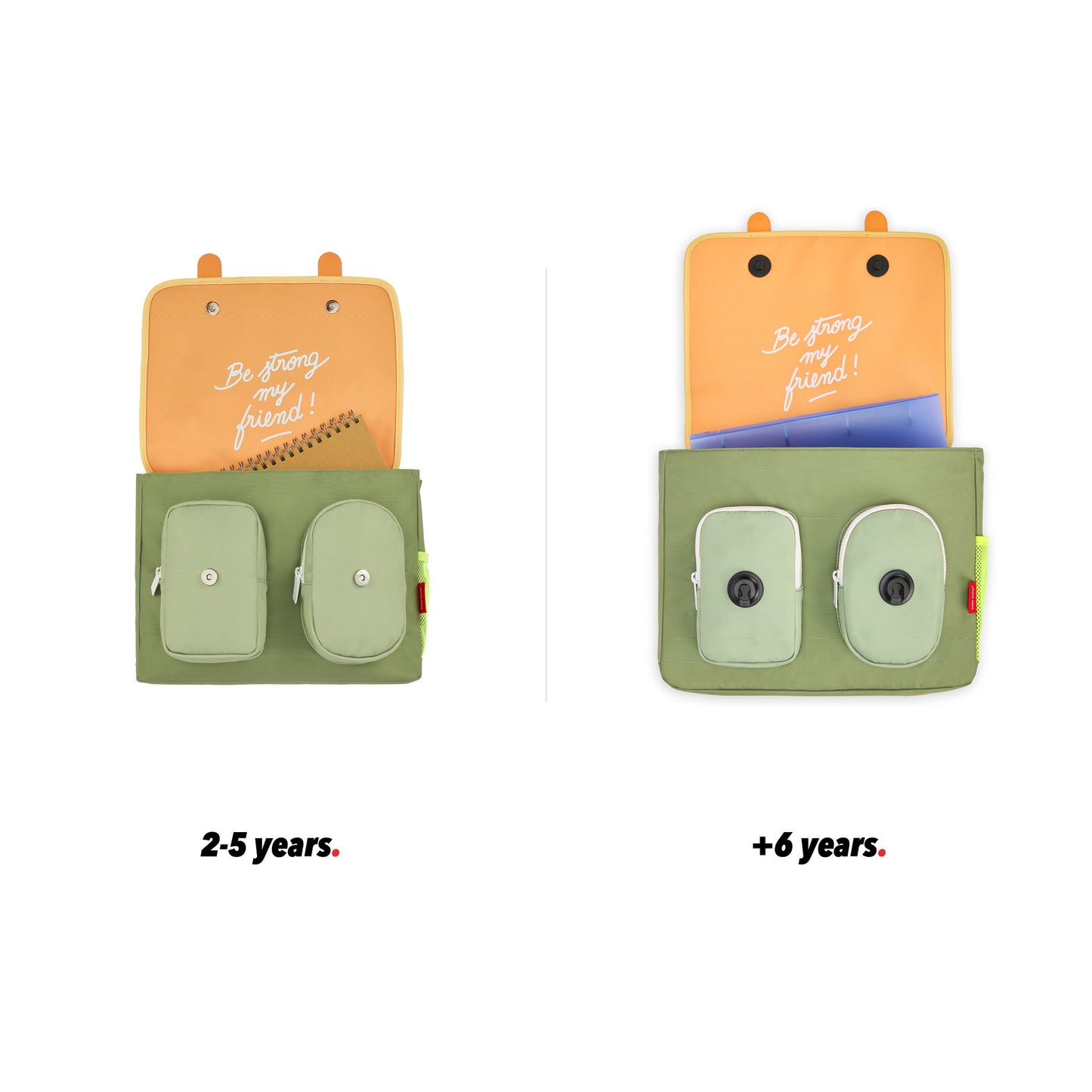 Green schoolbag for kids brown handles pocket front view open size comparison 2 sizes Hello hossy