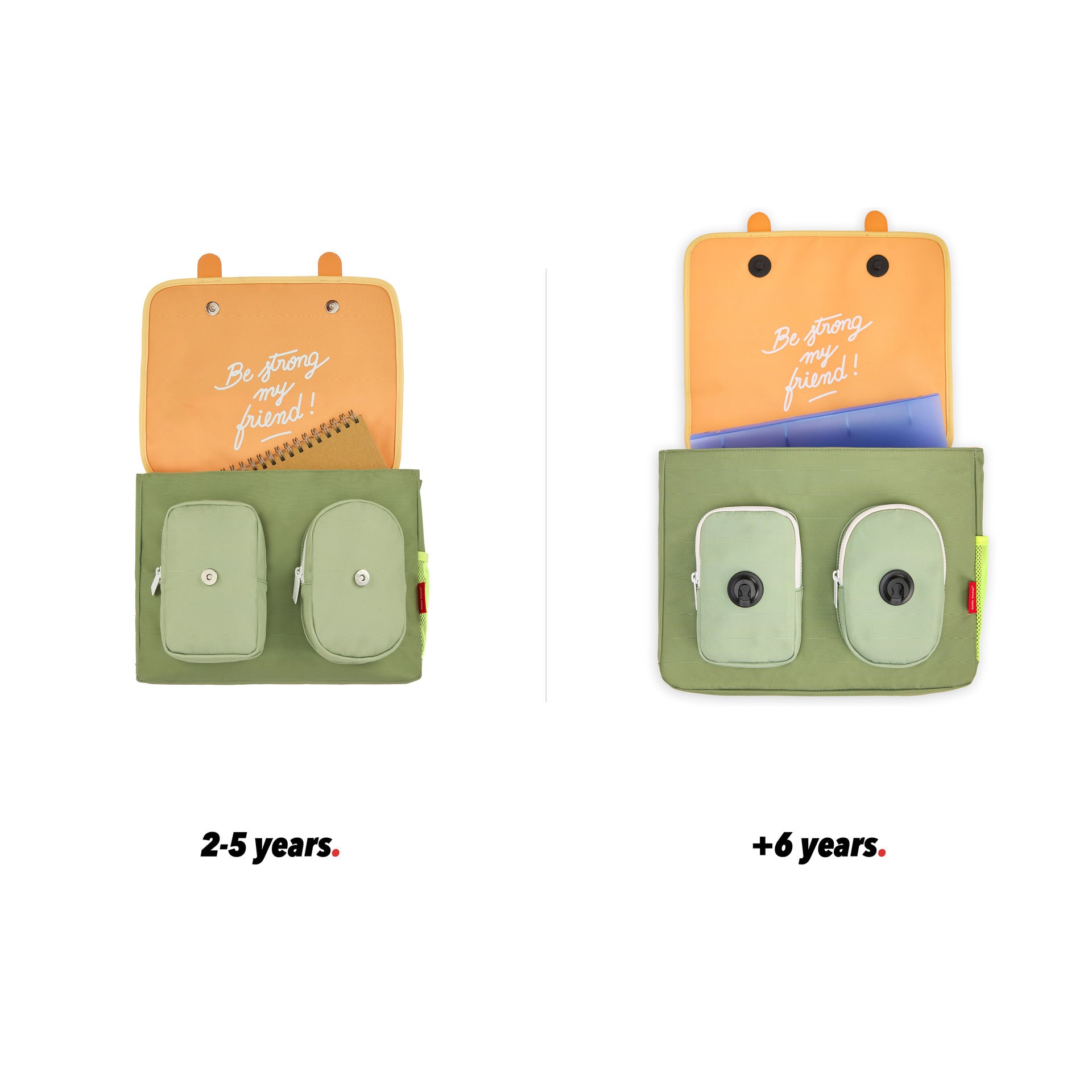Green schoolbag for kids brown handles pocket front view open size comparison 2 sizes Hello hossy