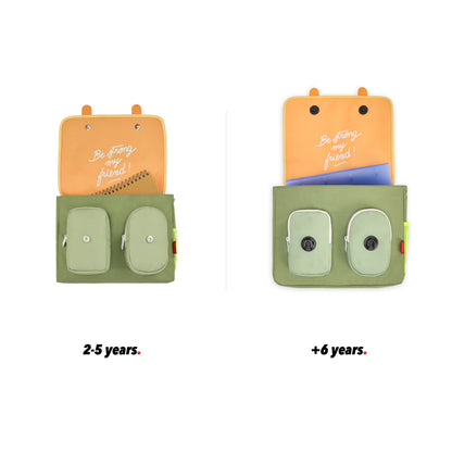 Green schoolbag for kids brown handles pocket front view open size comparison 2 sizes Hello hossy