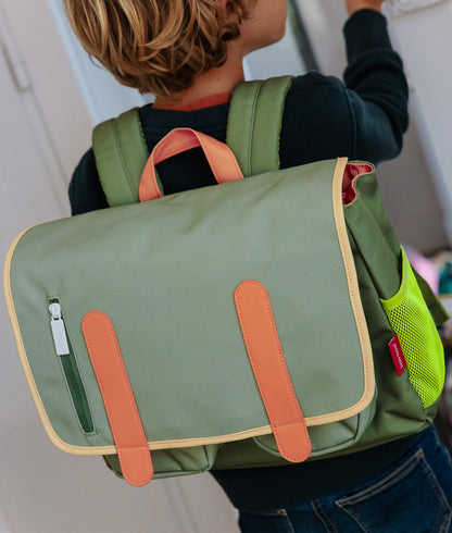 Children's green schoolbag with Orange handles, zipped pocket Hello Hossy