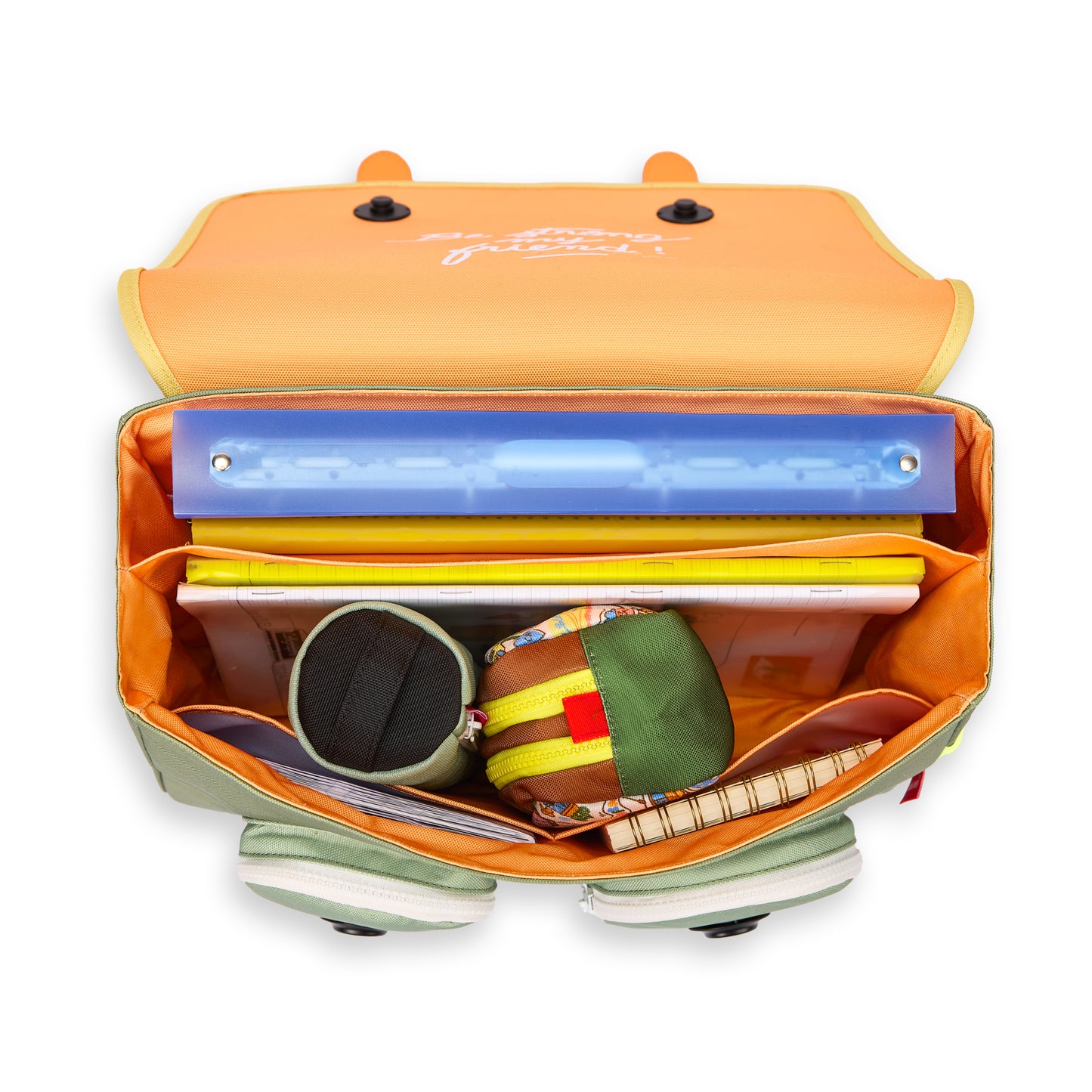 Cartable enfant vert compartiments multiples intérieur orange Hello Hossy