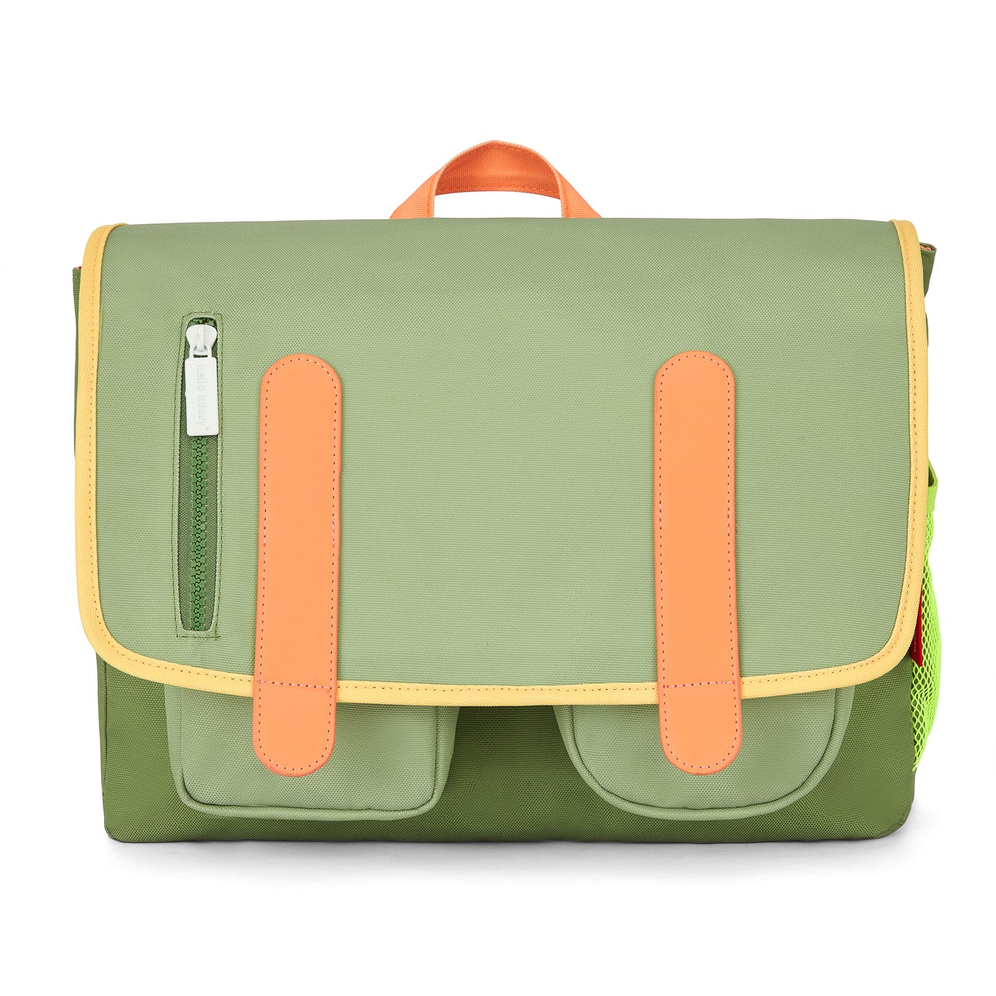 Children's green schoolbag with Orange details, front pockets Hello Hossy