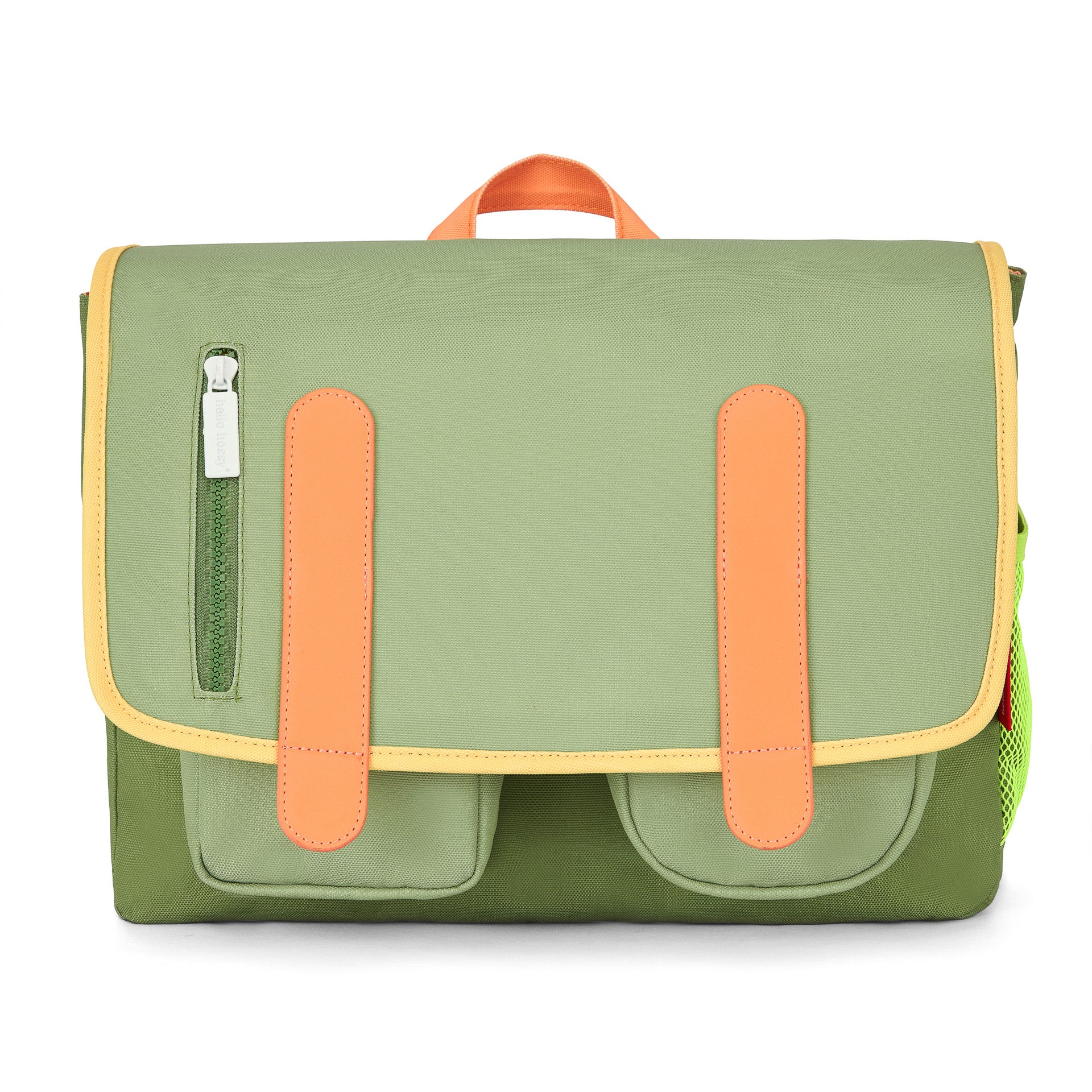 Children's green schoolbag with Orange details, front pockets Hello Hossy