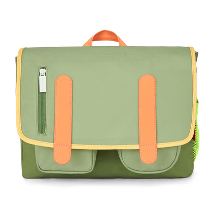 Children's green schoolbag with Orange details, front pockets Hello Hossy