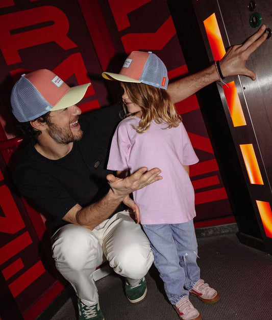 Children's orange and Light blue Trucker cap worn by a dad and his child Hello Hossy