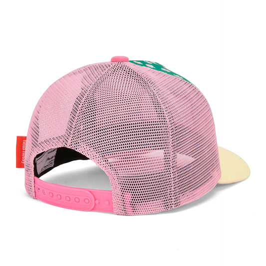 Casquette enfant trucker verte fleurs roses et filet détail attache arrière Hello Hossy