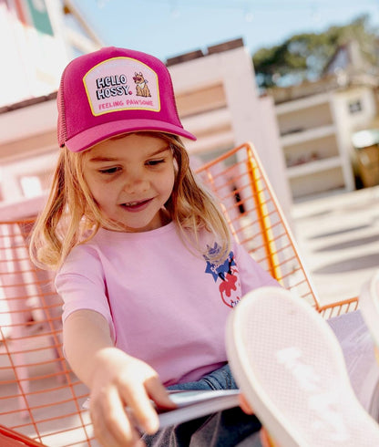 Fuchsia Trucker cap curved brim dog Patch Hello Hossy