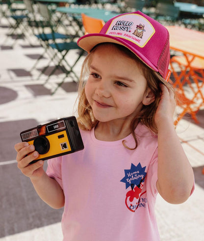 Children's fuchsia cap curved brim Patch Hello Hossy
