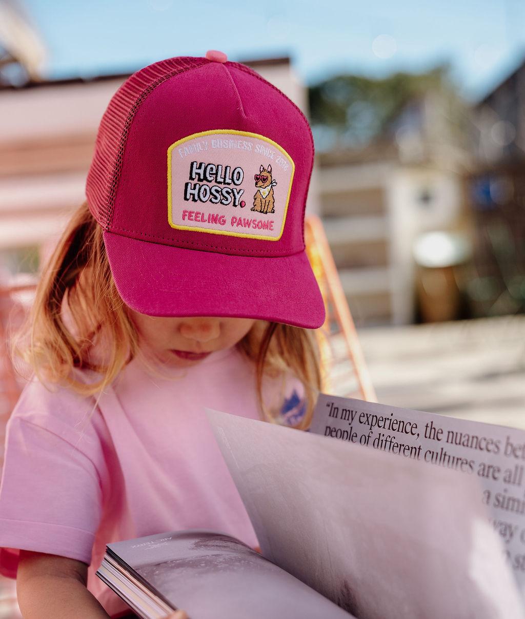 Children's fuchsia cap curved brim dog Patch Hello Hossy