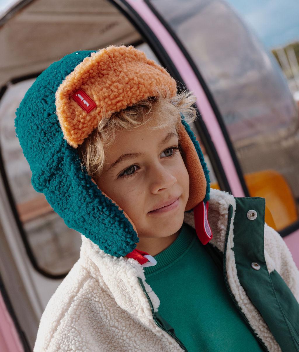 Children's ushanka blue Camel teddy effect red label Hello Hossy