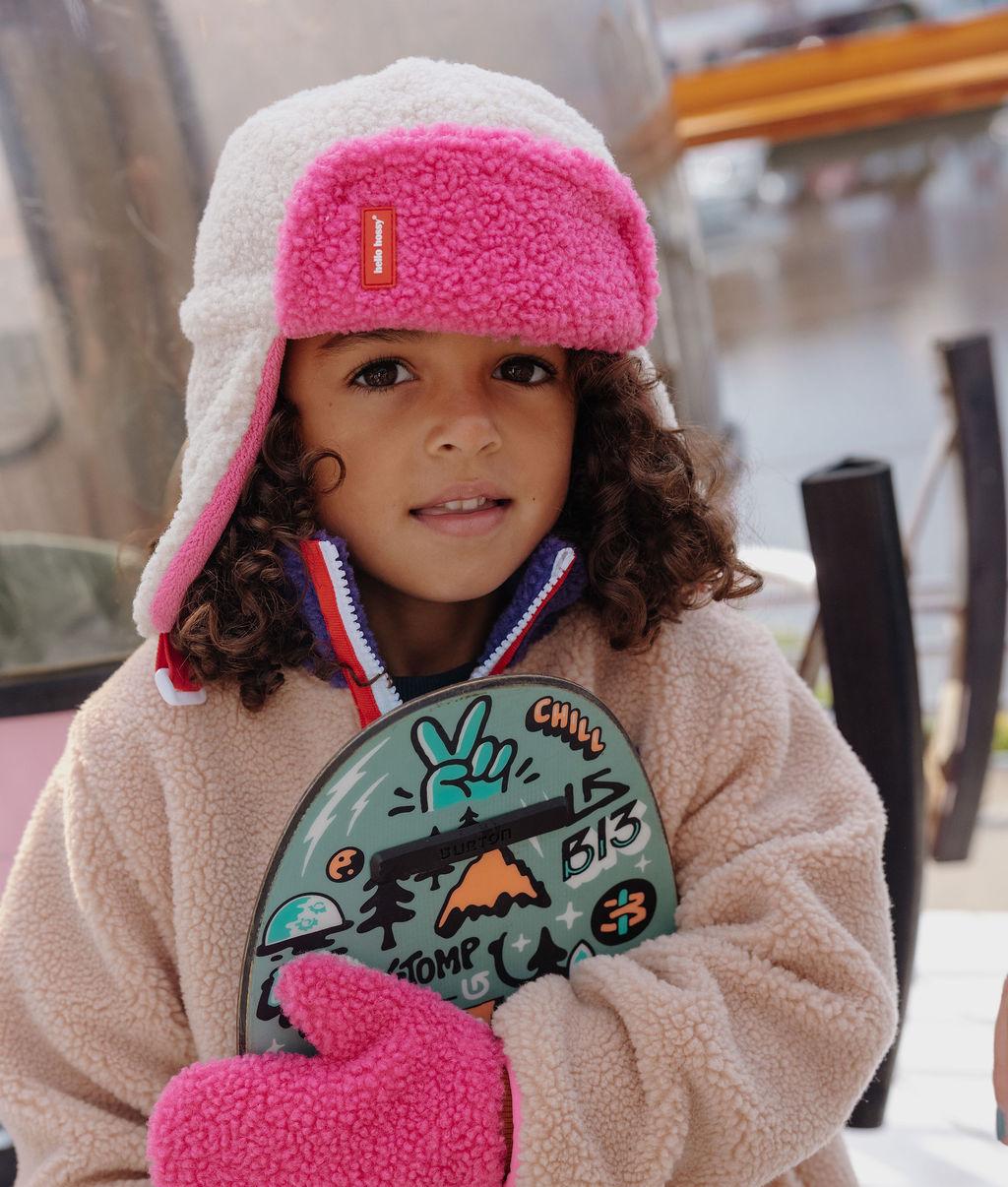 Kids ushanka white pink teddy effect earflaps strap Hello Hossy