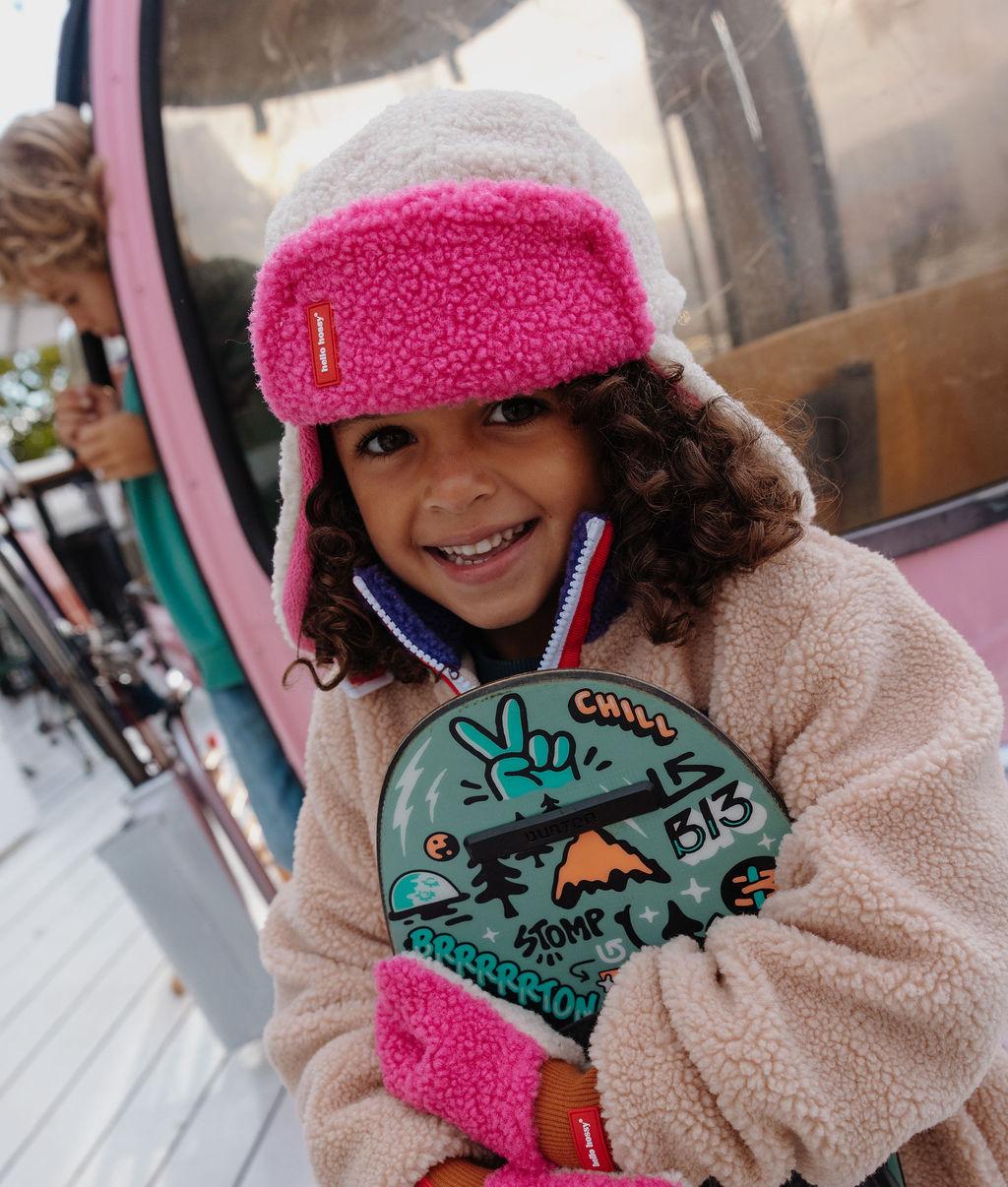 Kids ushanka white pink teddy effect fleece lining Hello Hossy