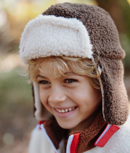 Children's brown white ushanka fleece lining warm comfort Hello Hossy