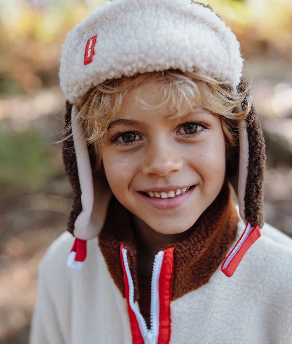 Children's brown white ushanka fleece lining zip fastening Hello Hossy