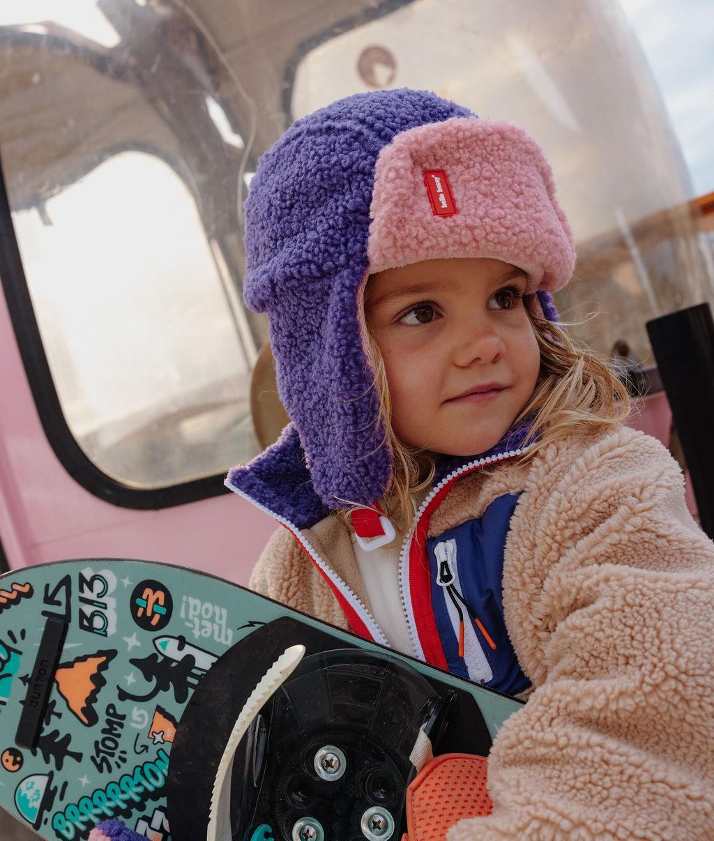 Children's ushanka purple pink teddy effect adjustable strap Hello Hossy