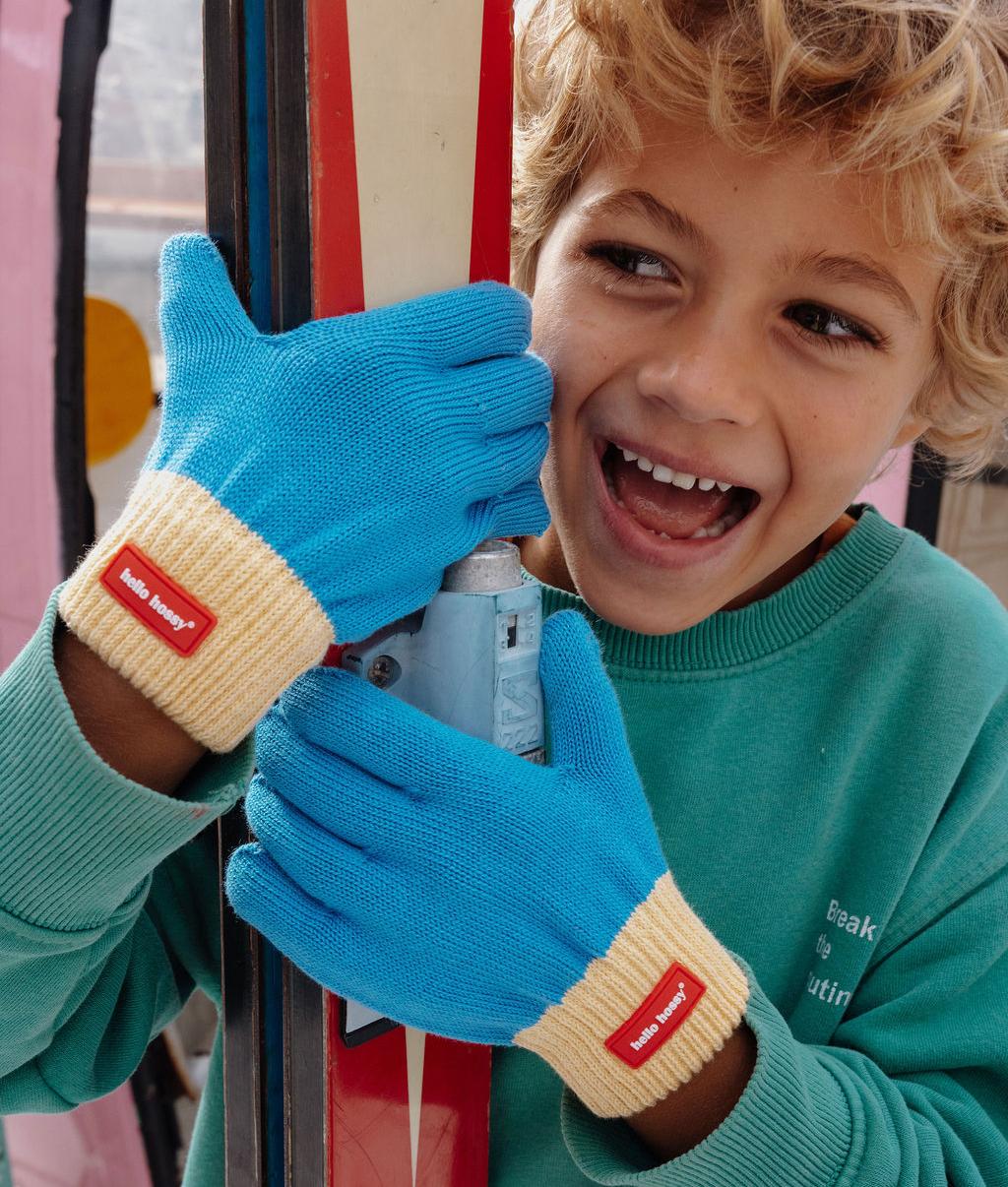 Children's gloves blue Beige elastic band red detail Hello Hossy