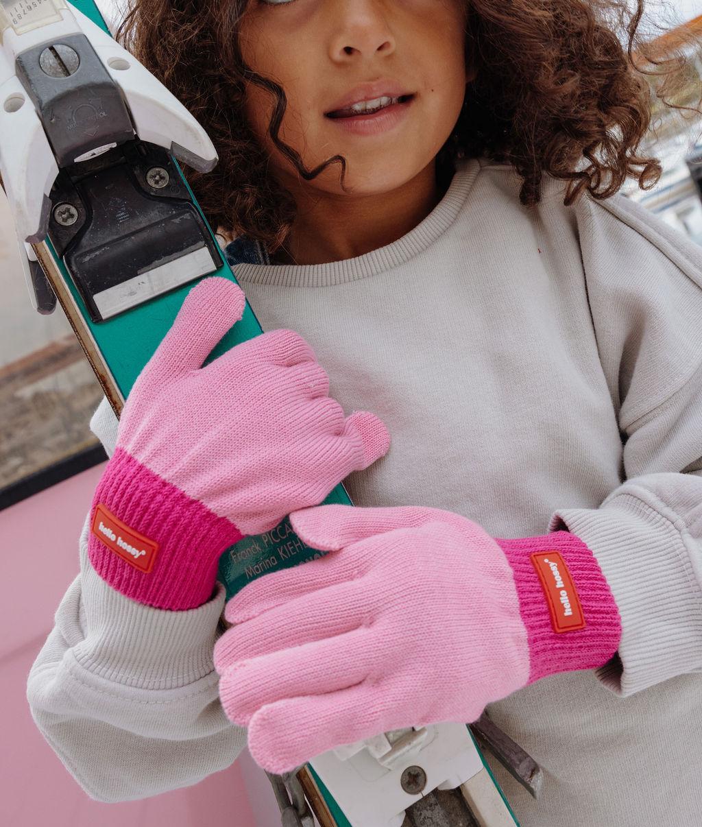 Children's gloves pink fuchsia contrasting label Hello Hossy