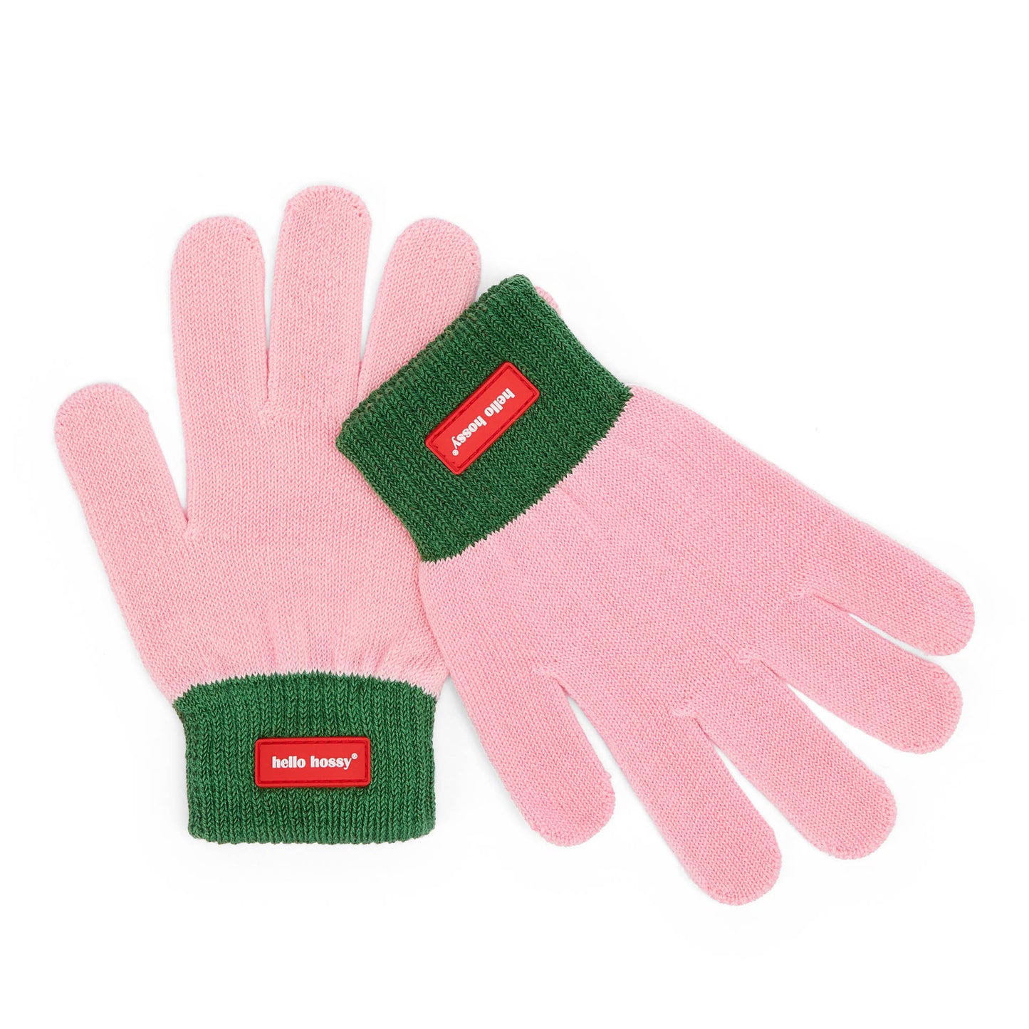 Kids pink gloves green trim red label Hello Hossy