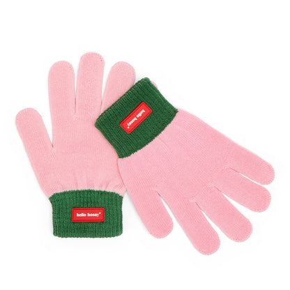 Kids pink gloves green trim red label Hello Hossy