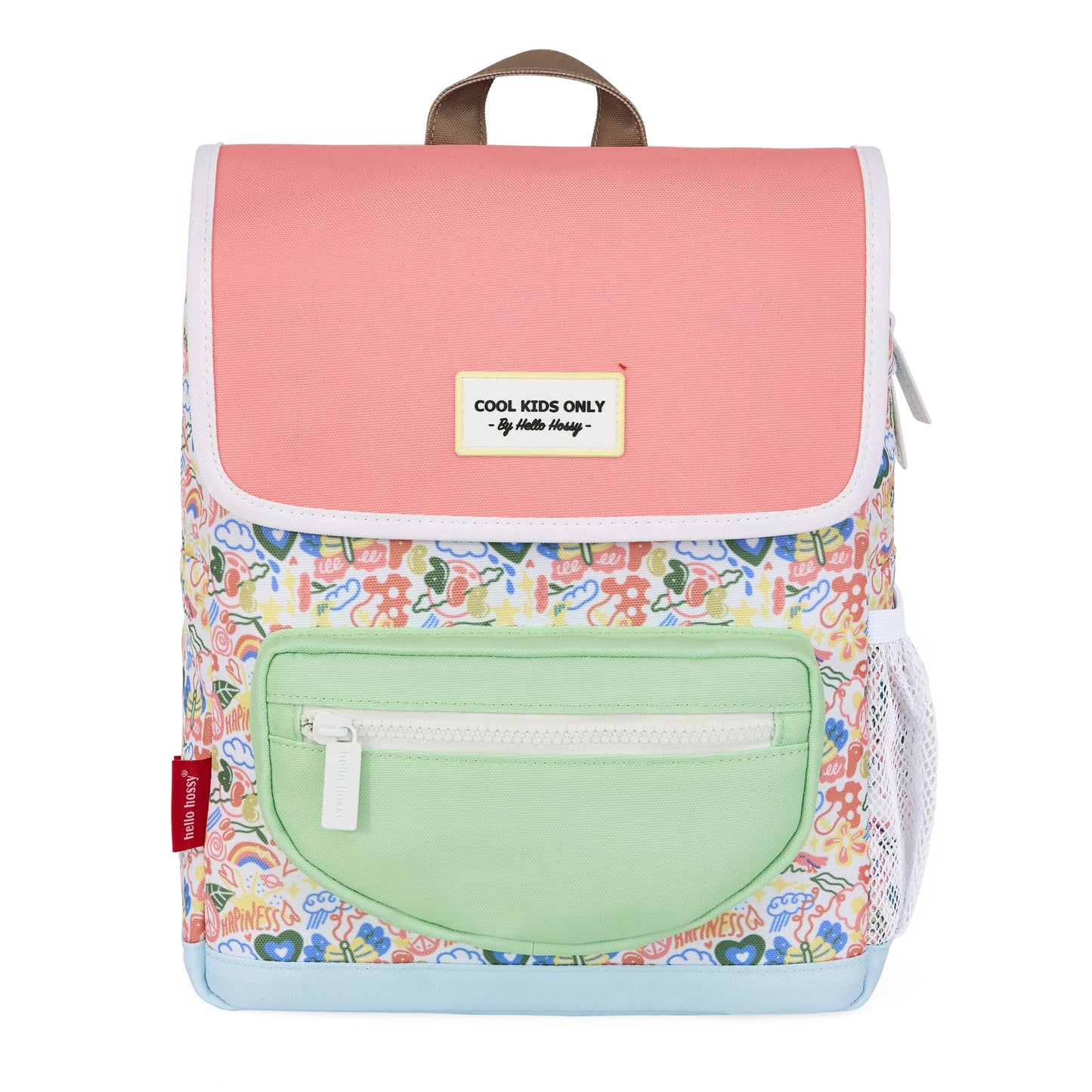 Children's white pink patterned flowers backpack green pocket Hello Hossy