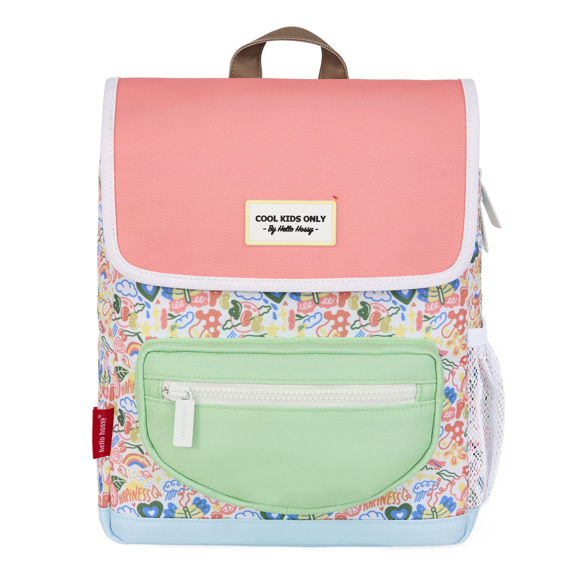 Children's white pink patterned flowers backpack green pocket Hello Hossy