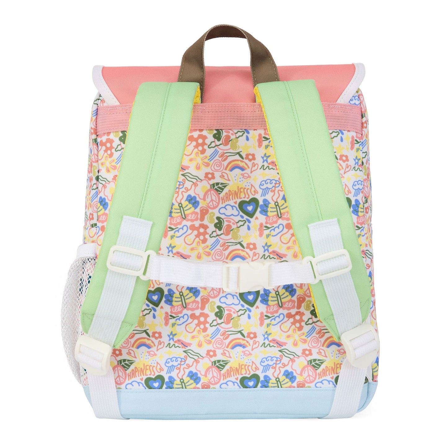 Children's white pink patterned flowers backpack green straps Hello Hossy