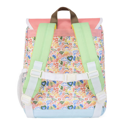 Children's white pink patterned flowers backpack green straps Hello Hossy