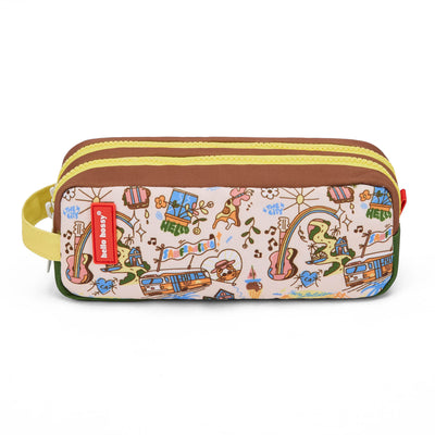 Trousse scolaire enfant marron crème motif voyage zip jaune Hello Hossy