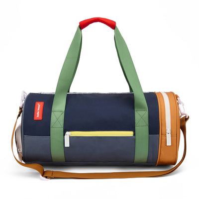 Sac de sport enfant bleu marine anses vertes poche jaune Hello Hossy