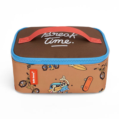 Sac repas enfant marron motif mascotte vélo zip bleu poignée orange Hello Hossy