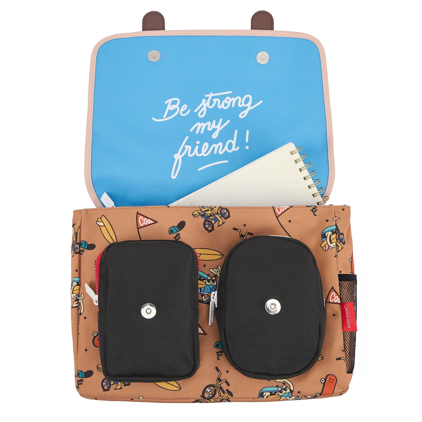 Brown children's schoolbag mascots bikes pattern black pocket Hello Hossy